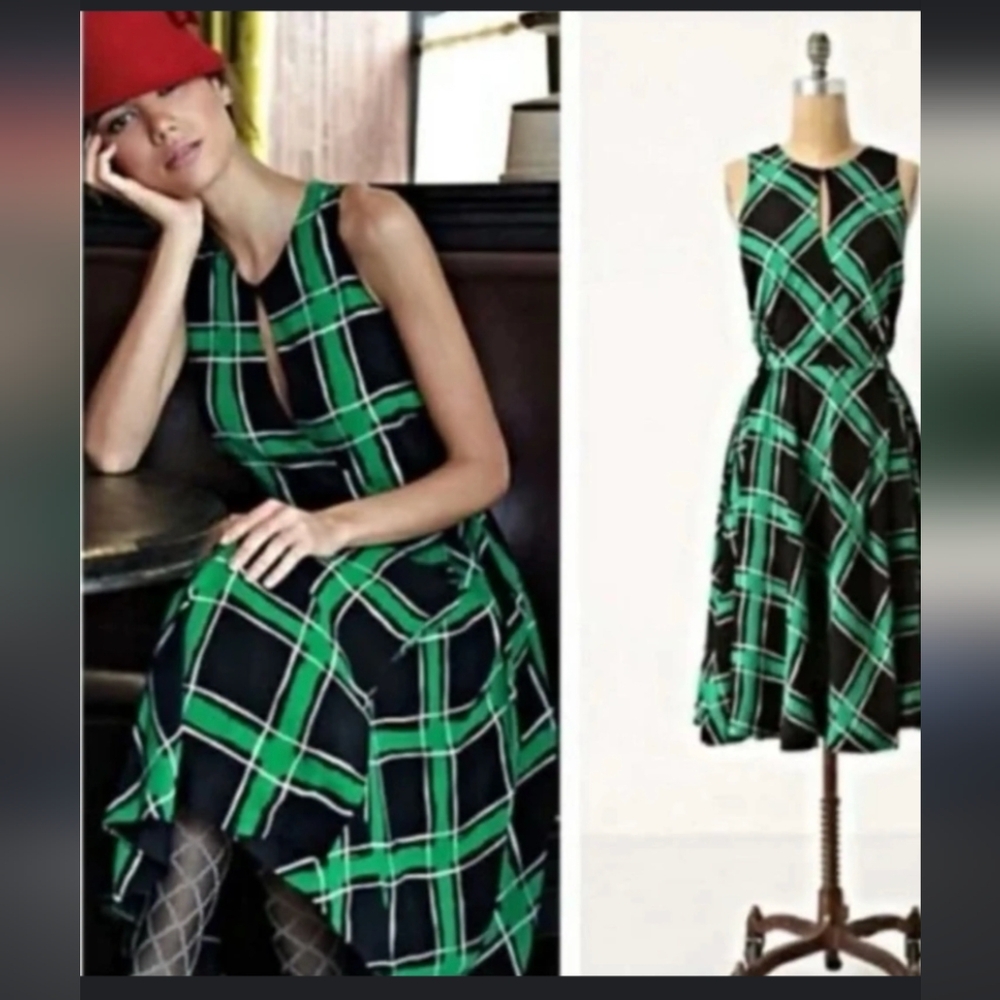 Maple Anthropologie Across the Land Green Black Plaid Fit Flare Wrap Dress 4